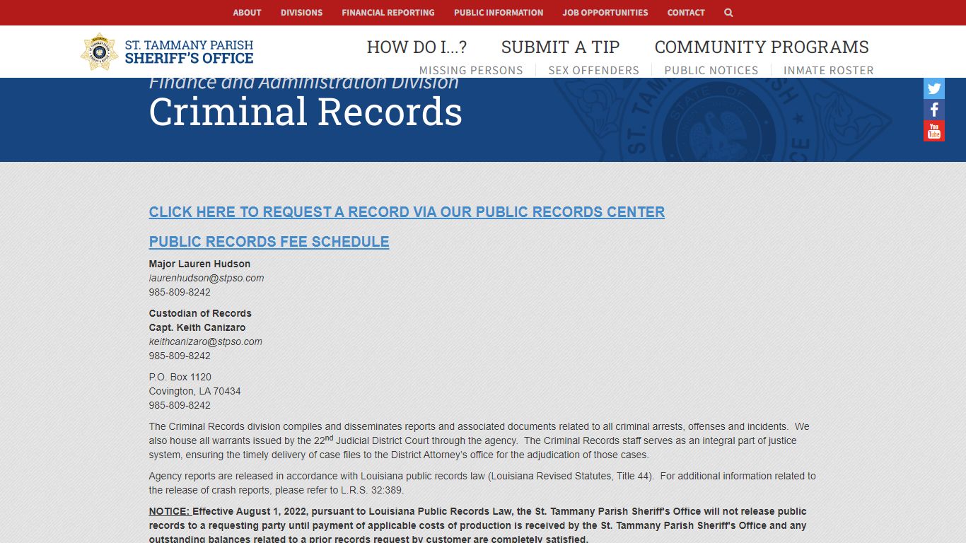 Criminal Records | Finance and Administration | St. Tammany Parish ...
